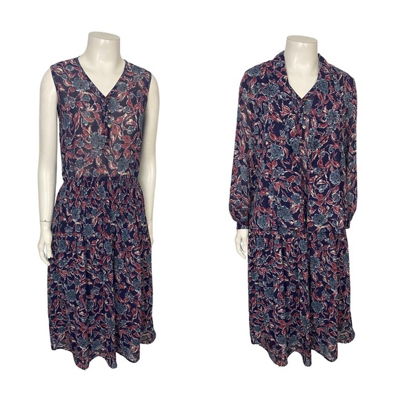 1980s Floral Sheer Sleeveless Pleated Dress with Matching Blouse Top Tokyo / XS - Picture 3 of 5